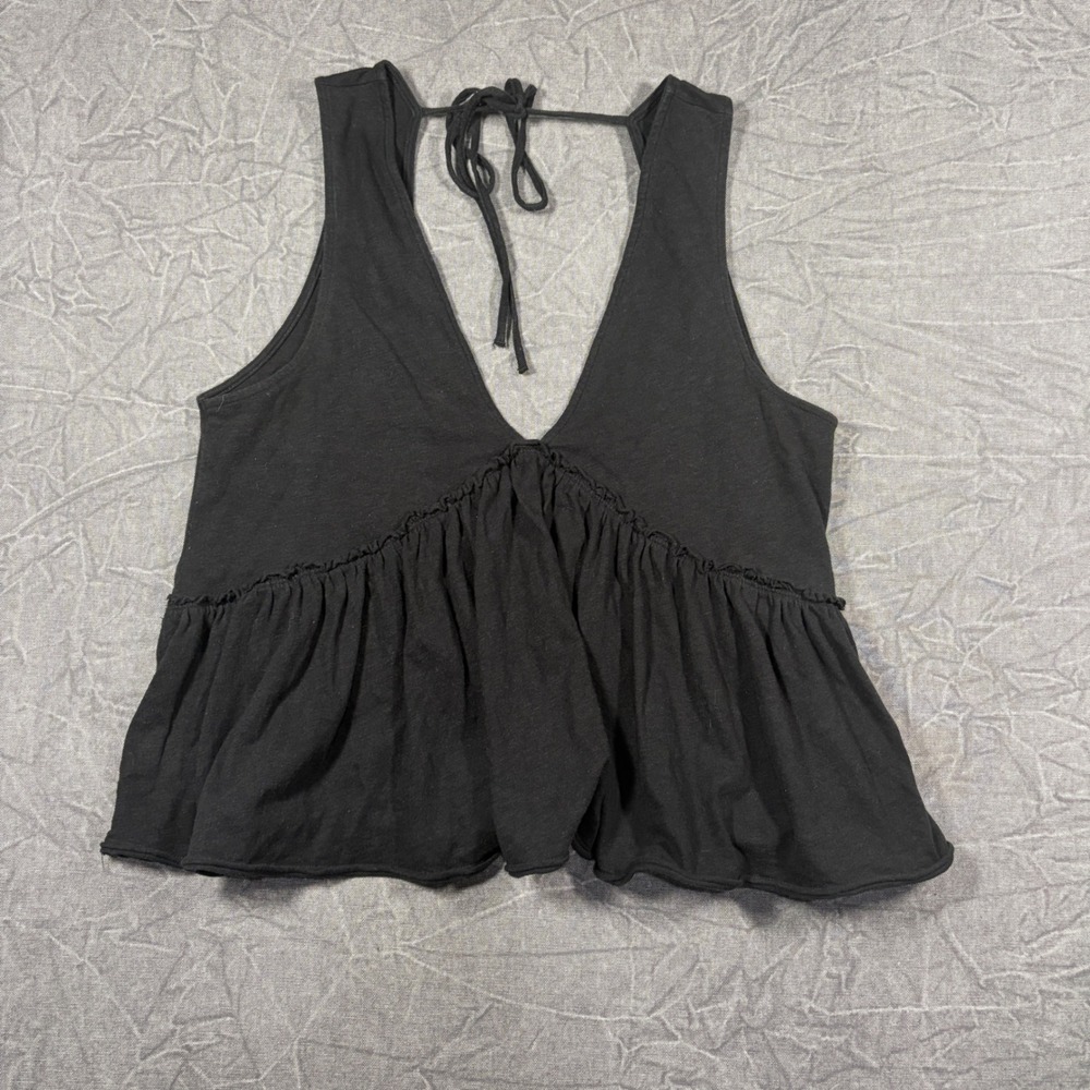 American Eagle Tank Top Womens M Black Babydoll V-Neck Tie Back Ruffle Peplum
